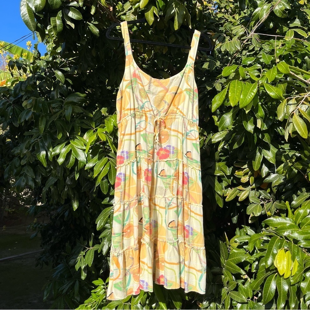 Vintage yellow fruit‎ lemon martini print tiered sleeveless mini dress